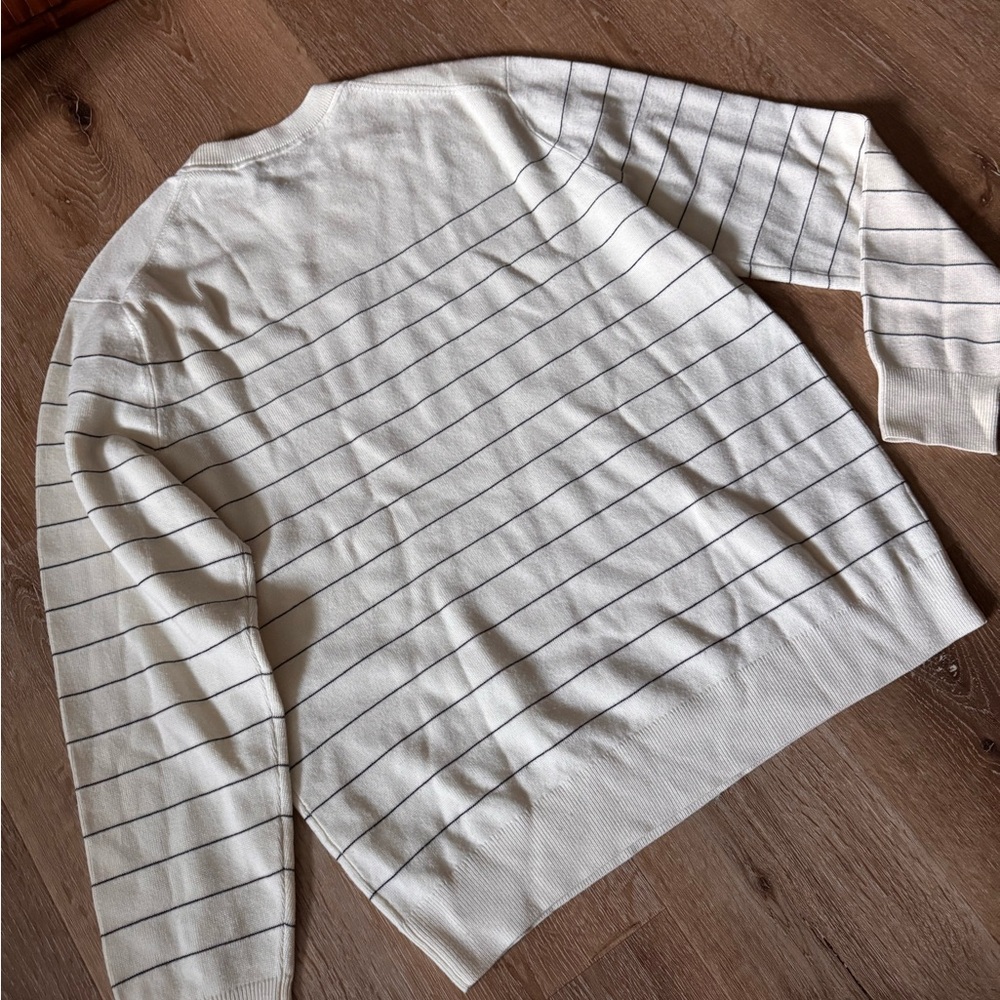 Theory Men's Wool White and Black Striped Crewneck Sweater - Picture 5 of 5